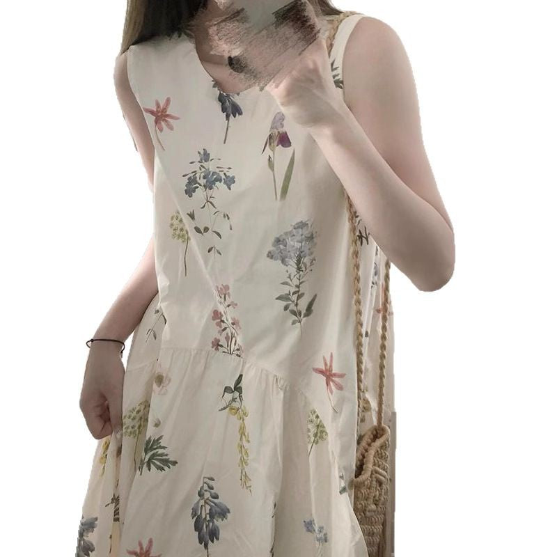 Forest-style retro floral print vest dress for women, loose fit and slimming summer dress