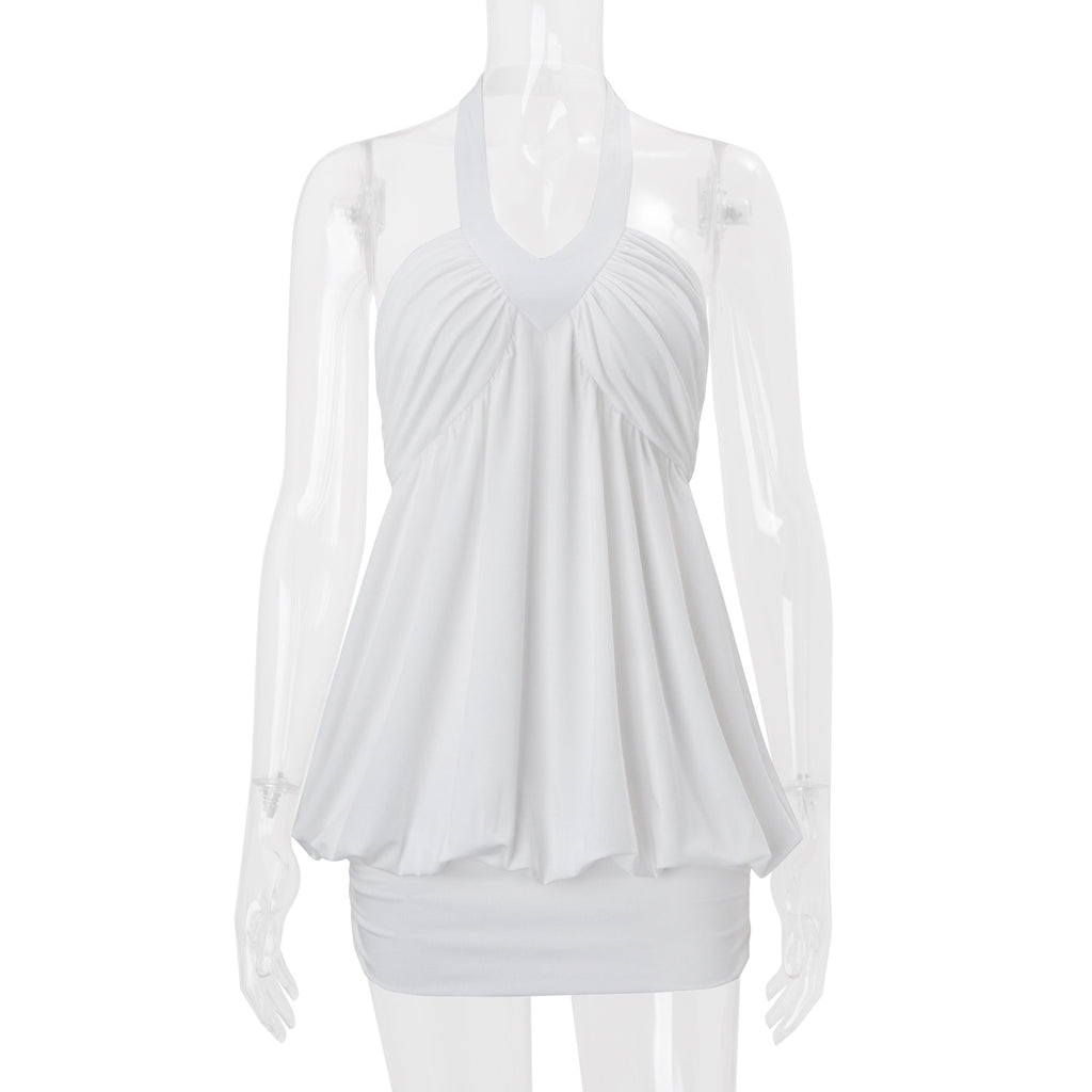Pure and sexy style white halter neck dress, pleated flower bud faux two-piece bodycon skirt