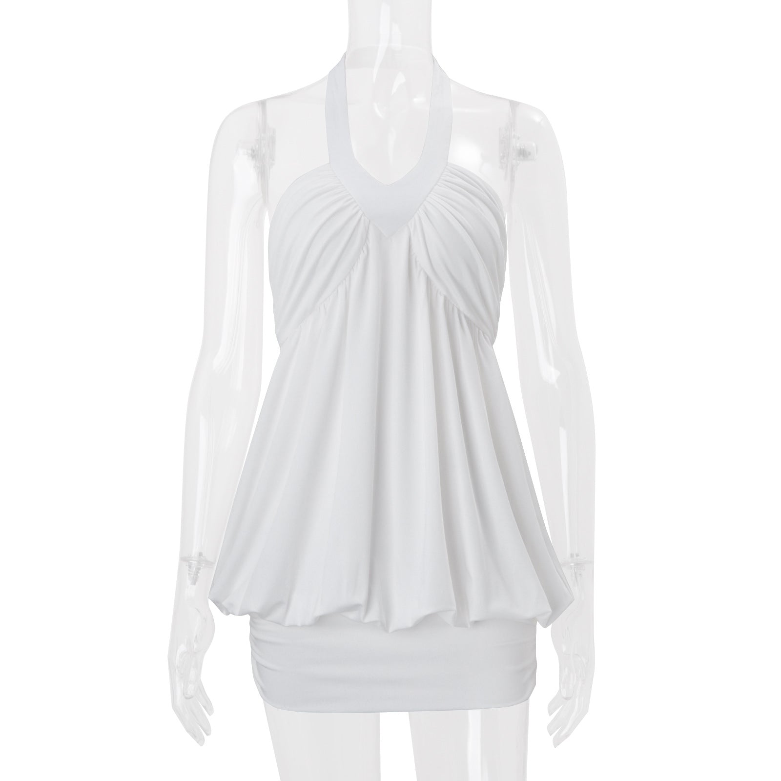 Pure and sexy style white halter neck dress, pleated flower bud faux two-piece bodycon skirt