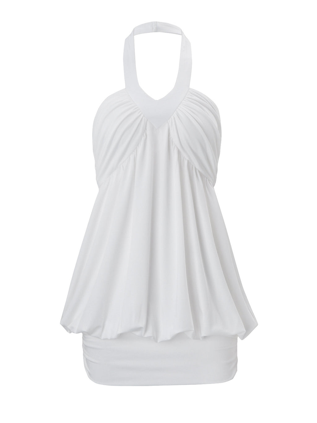 Pure and sexy style white halter neck dress, pleated flower bud faux two-piece bodycon skirt