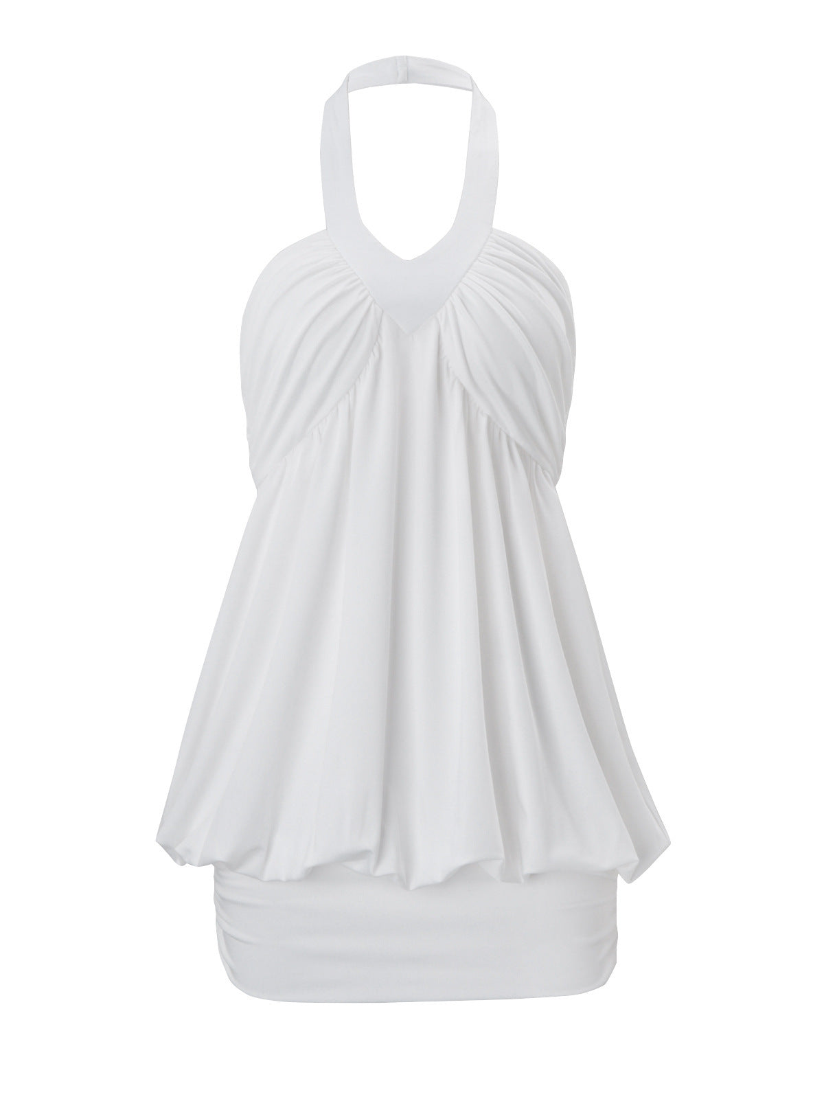 Pure and sexy style white halter neck dress, pleated flower bud faux two-piece bodycon skirt