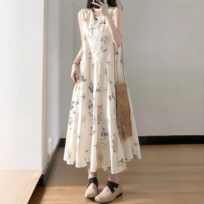 Forest-style retro floral print vest dress for women, loose fit and slimming summer dress