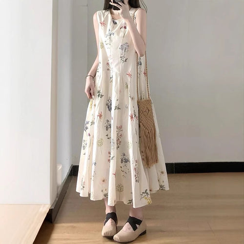 Forest-style retro floral print vest dress for women, loose fit and slimming summer dress