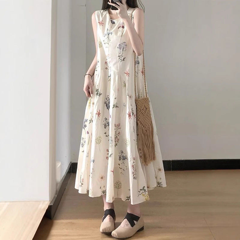 Forest-style retro floral print vest dress for women, loose fit and slimming summer dress